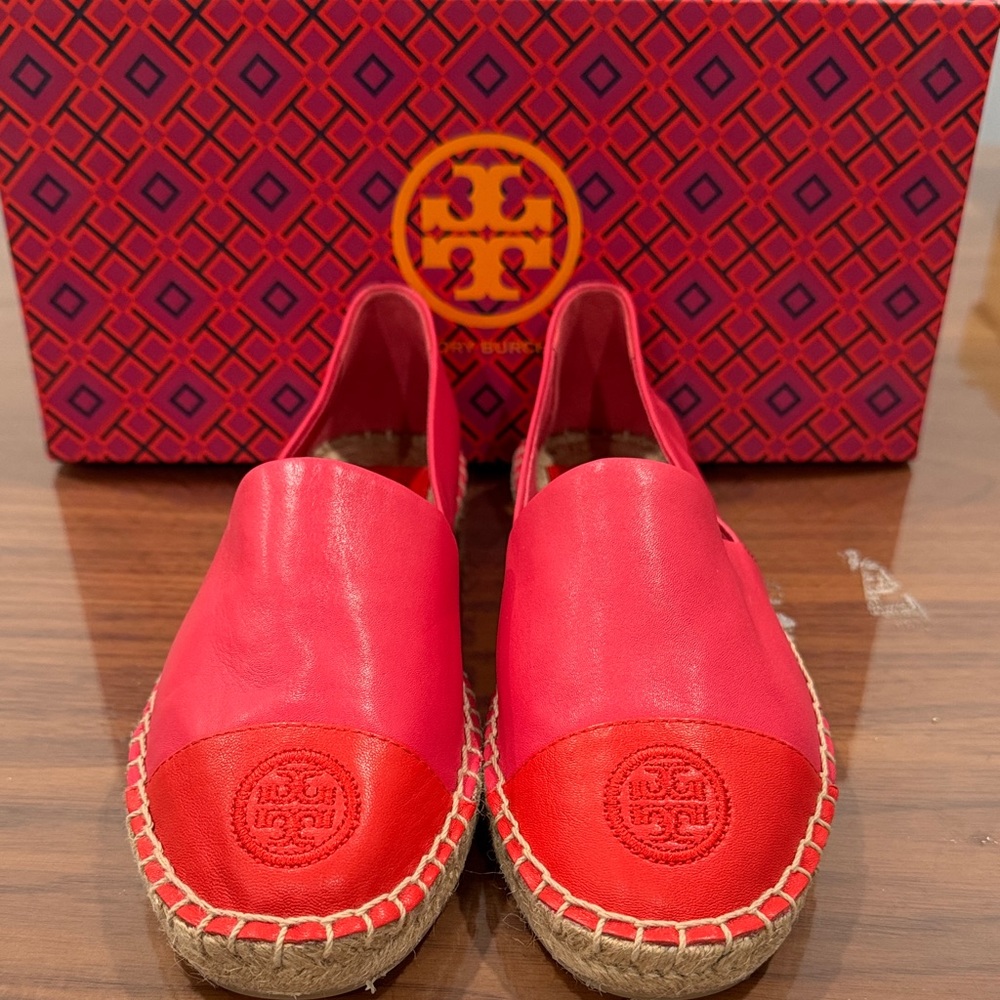 Tory Burch Coral-Red Leather Espadrille Slip-Ons